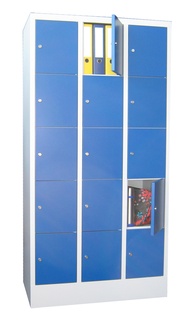 Schließfachschrank mit Sockel, Abteilbreite 300 mm, Fächer: 3 breit x 5 hoch, Zylinderschloss, 1850 x 930 x 500 mm, RAL 5010 - Enzianblau 