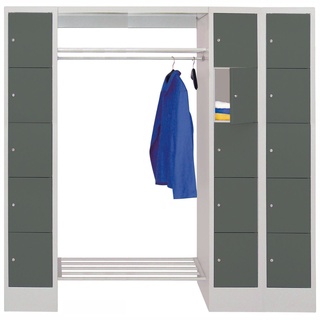 Offene Garderobe mit Schließfachschränken, Abteilbreite 300 mm, 1850 x 2000 x 500 mm, RAL 5010 - Enzianblau 