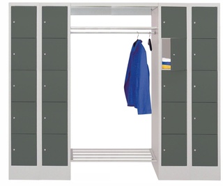 Offene Garderobe mit Schließfachschränken, Abteilbreite 400 mm, 1850 x 2700 x 500 mm, RAL 5010 - Enzianblau 