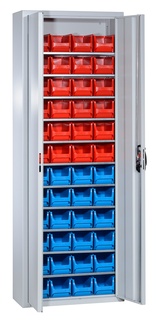 Schrank mit Stapelsichtboxen, inklusive 24 x Profiplus Box 3 rot + 24 x blau, Typ ProfiPlus, 1980 x 700 x 300 mm, 11 Böden, grau, Fachlast 50 kg 