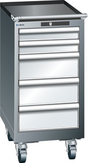 Lista Schubladenschrank, 5 Schubladen, fahrbare Ausführung, Typ 18 x 27E, 890 x 564 x 572 mm, NCS 6502 - grau metallic, Fachlast 75 kg 