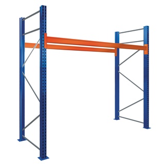 Palettenregal - Bockregal, Anbauregal, 2500 x 1825 x 1100 mm, 2 Böden, Rahmen blau, Holme Orange, Fachlast 1000 kg 