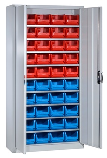 Schrank mit Stapelsichtboxen, inklusive 20 x Profiplus Box 4 rot, 20 x blau, Typ ProfiPlus, 1980 x 1000 x 420 mm, 9 Böden, grau, Fachlast 50 kg 