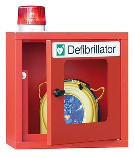 Hängeschrank für Defibrillatoren, mit zweifacher Alarmfunktion (Sirene + Lampe), 490 x 400 x 220 mm, RAL 3000 Feuerrot / RAL 3000 Feuerrot 