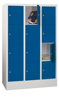 Schließfachschrank mit Sockel, Abteilbreite 300 mm, Fächer: 3 breit x 4 hoch, Zylinderschlo, 1518 x 930 x 500 mm, RAL 5015 - Himmelblau 