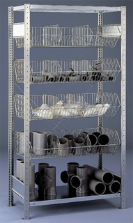 Drahtgitterkorbregal, Grundregal, mit 4 Drahtgitterkörben, Typ 150, 2000 x 1000 x 500 mm, verzinkt, Fachlast 150 kg, Feldlast 1300 kg 