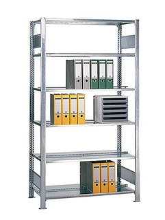 Büroregal - Stecksystem, Grundregal, mit Mittelanschlag, Typ 150, 1800 x 750 x 600 mm, 5 Böden, verzinkt, Fachlast 150 kg, Feldlast 1300 kg 