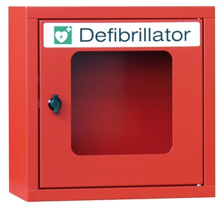 Hängeschrank für Defibrillatoren, ohne Alarmfunktion, 400 x 400 x 220 mm, RAL 3000 Feuerrot / RAL 3000 Feuerrot 