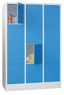 Schließfachschrank mit Sockel, Abteilbreite 400 mm, Fächer: 3 breit x 4 hoch, Zylinderschloss, 1850 x 1340 x 500 mm, RAL 5012 - Lichtblau 