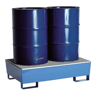 Fasspalette, für 2 Fässer à 200 Liter, Auffangvolumen 205 l, 345 x 1240 x 800 mm, RAL 5010 - enzianblau 