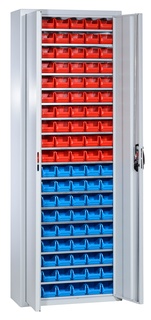 Schrank mit Stapelsichtboxen, inklusive 60 x Profiplus Box 2 rot, 54 x Box 2 blau, Typ ProfiPlus, 1980 x 700 x 300 mm, 18 Böden, grau, Fachlast 50 kg 